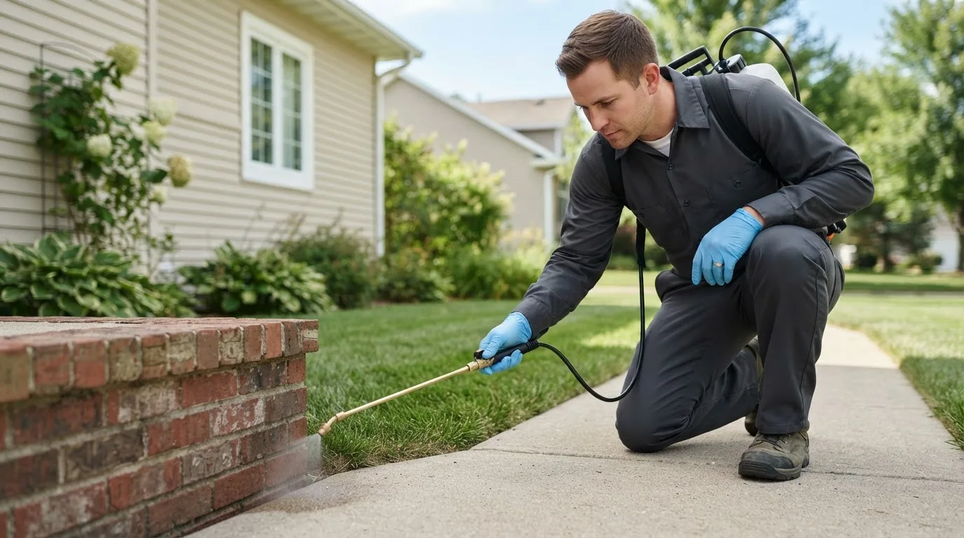 Pest control technician treating a home near Vermontville, NY
