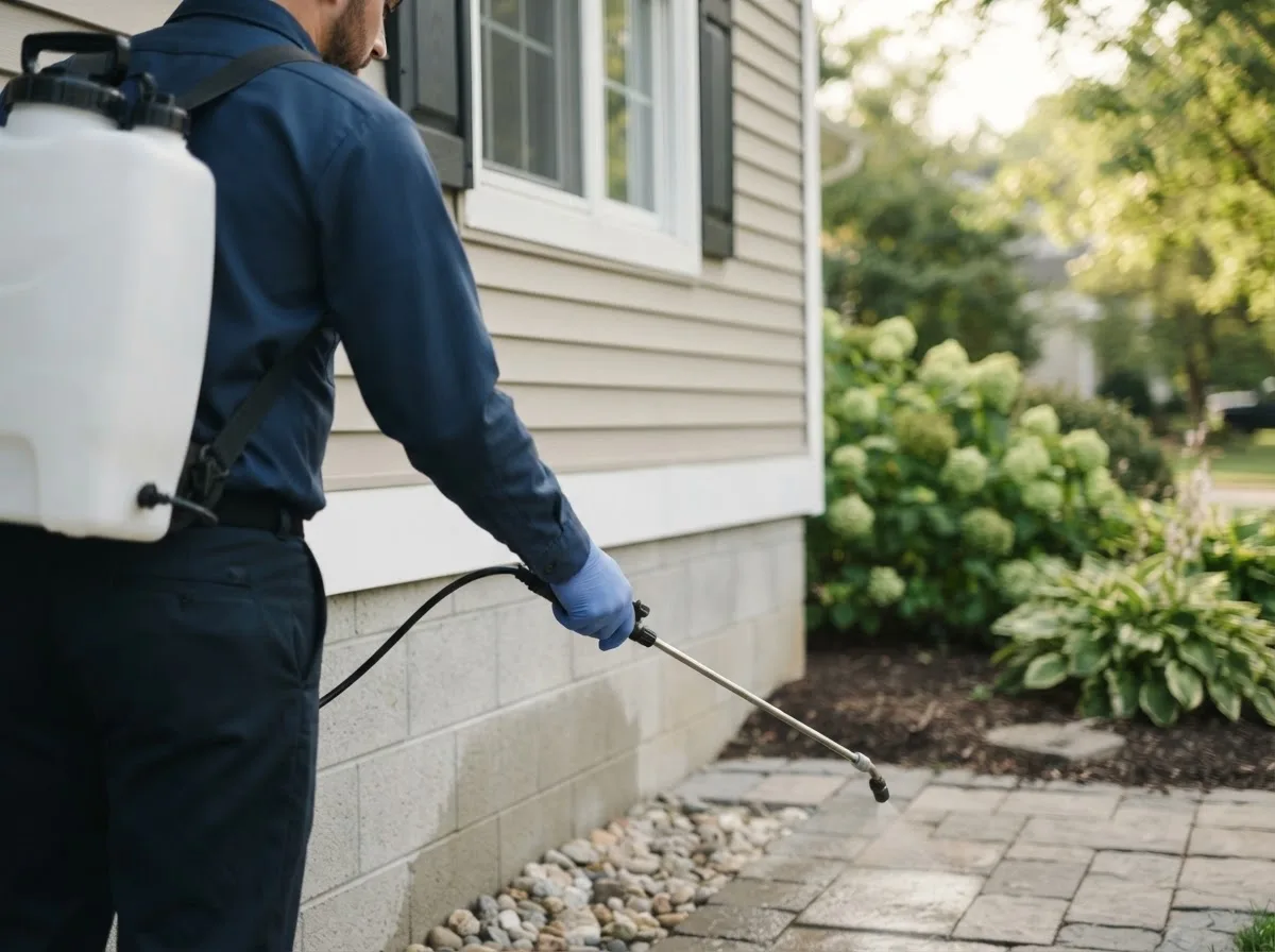 Pest control technician inspecting a home in Vermontville, NY